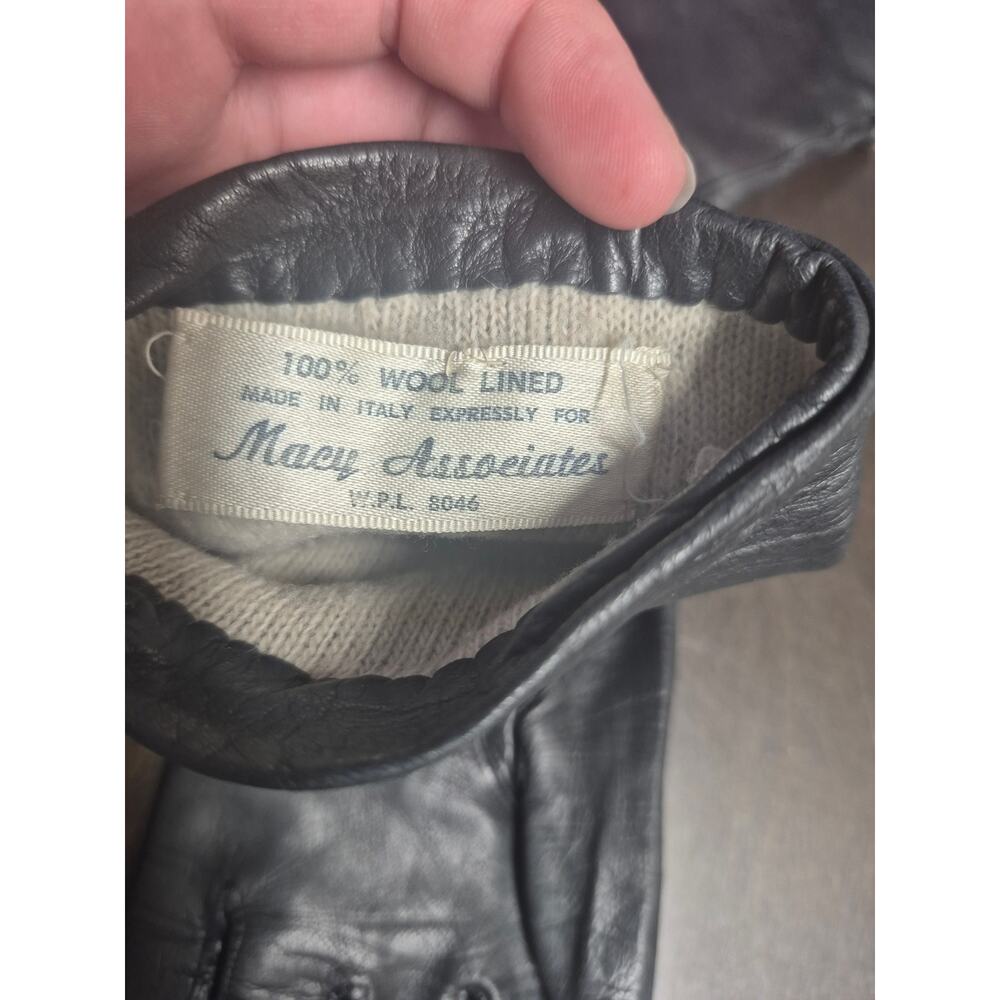 Vtg Macy Associates Black Leather Gloves Italian 100% Wool Lined Size 6.5 8292 - Picture 4 of 5